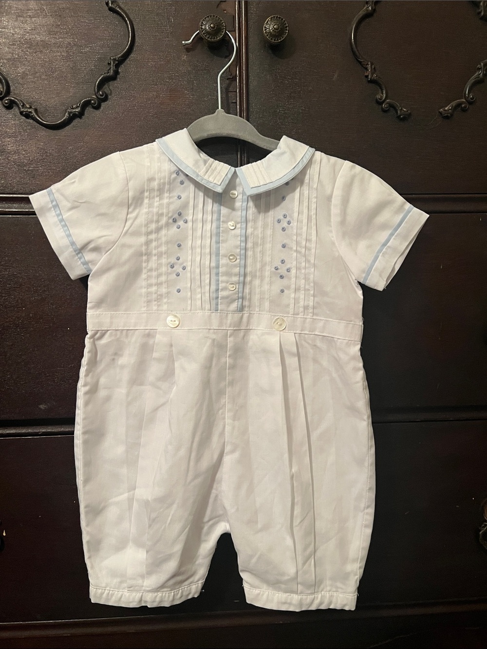 Sarah Louise White Baby Boy Romper with Light Blue Trim